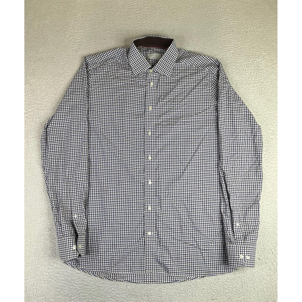 Eton Dress Shirt Mens 17 34/35 Blue Gingham Contemporary Cotton LS Button Down
